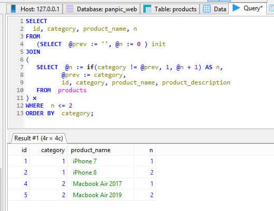 MySQL cách truy vấn chỉ lấy 2 sản phẩm của mỗi danh mục category MySQL tối ưu truy vấn n sản phẩm trên danh mục category